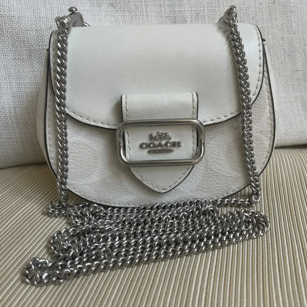 Coach Morgan Signature Monogram Leather Saddle Bag Chain Crossbody White